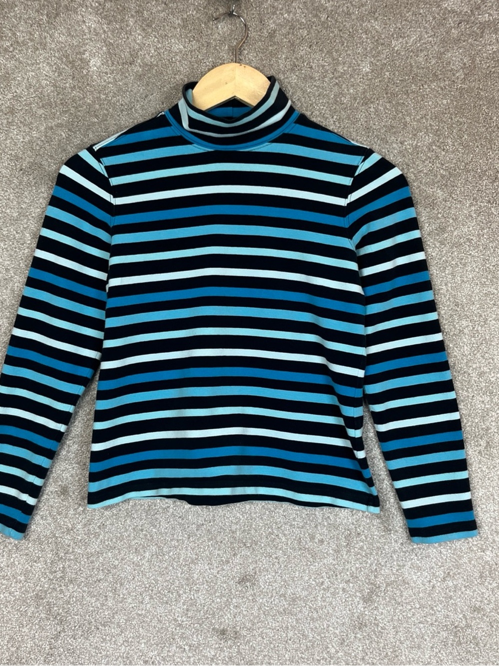 Talbots Shirt Womens P Petite Blue Stripe Cotton Long Sleeve Mock Neck- 5356